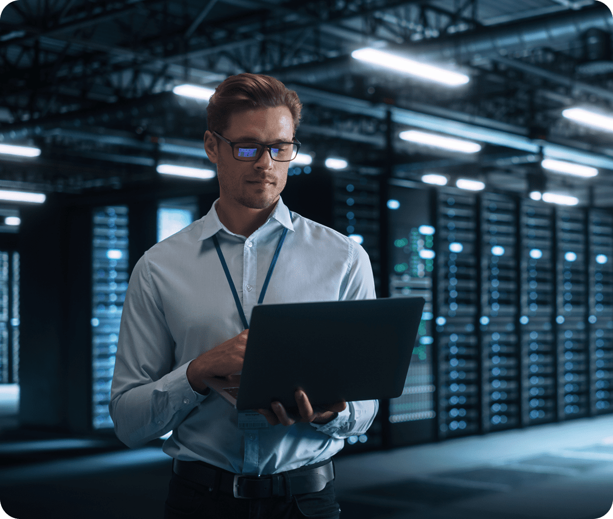 IT professional analyzing data center