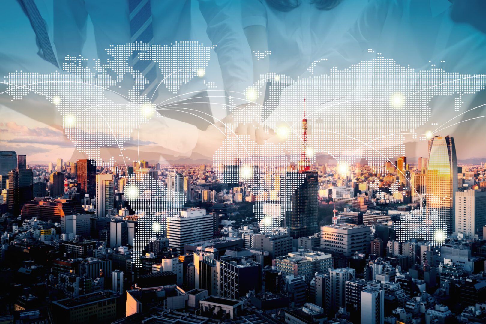 Digital network above city buildings